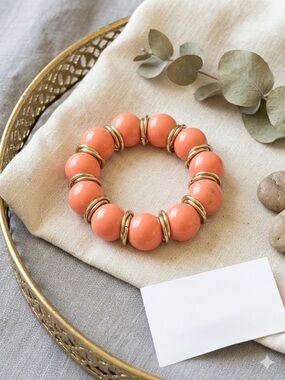 Coral Beaded Stretch Bracelet with Gold Tone Accents | Statement Jewelry
